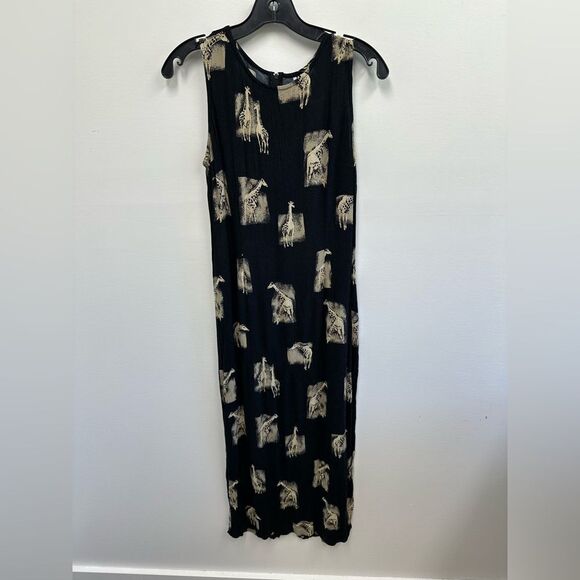 Vintage 90's Black Crinkle Safari Giraffe Theme Sleeveless Maxi/Midi Dress 8 - Picture 6 of 10